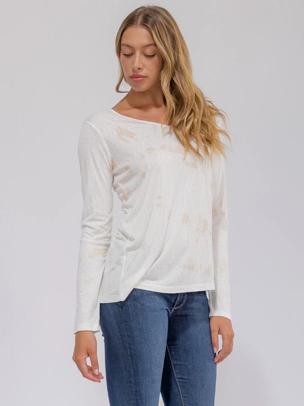 B24 LONG SLEEVE V-NECK BACK CROCHET DETAILED TIE DYE TOP Cream Pink NEW - Picture 3 of 4